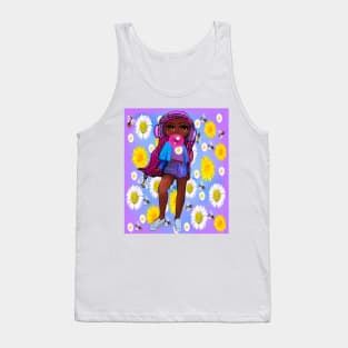 Beautiful Brown skin African American girl with Afro hair in 4 puffs blowing bubblegum and wearing headphones listening to music. Black girls rock, black girl magic,melanin poppin queen anime girl drawn in manga style Tank Top